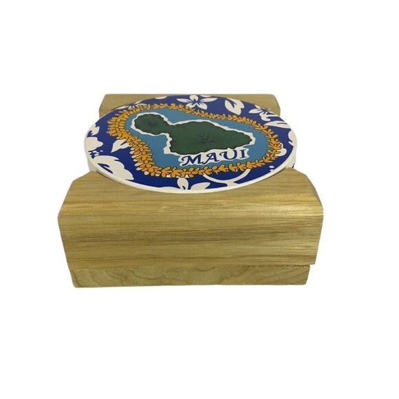 Maui Absorbent Ceramic Coasters Cork Backing Wood Holder Gift from Hawaii - Picture 5 of 9